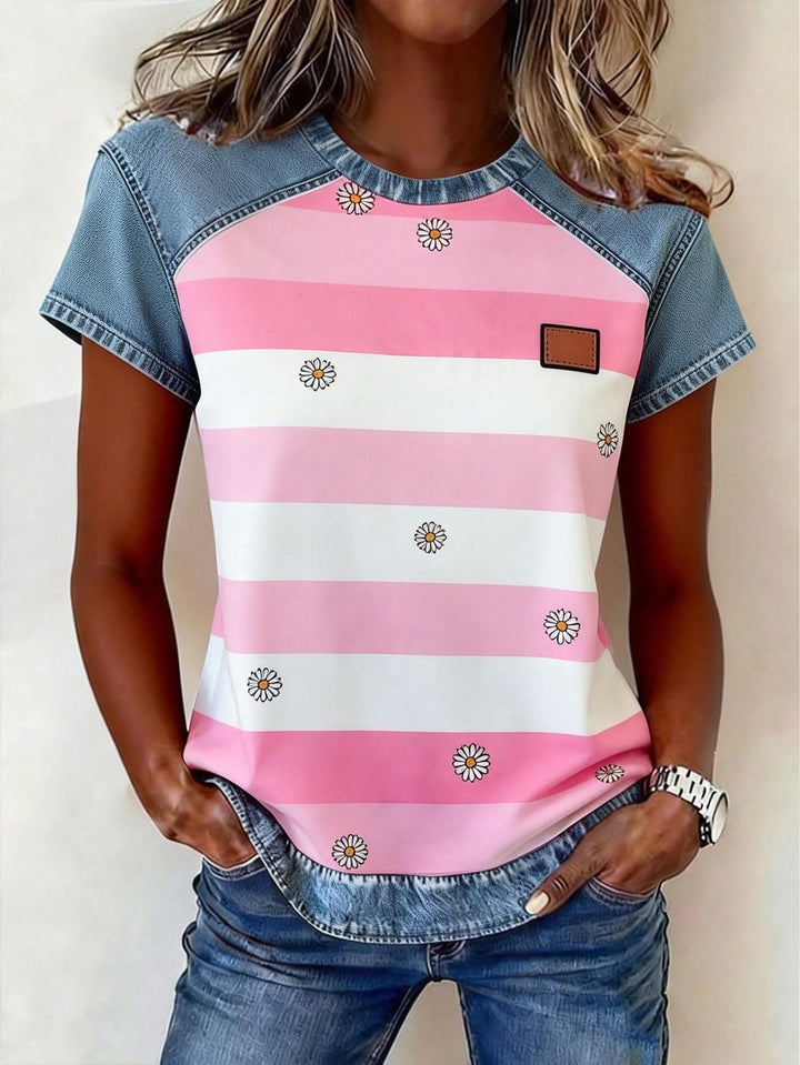 Women's Short Sleeve Shirt with Jeans Inserts and Teddy Patch Print Mune Fashion