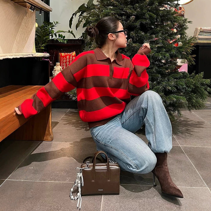 Women Oversize Rugby Knitted Sweater with Polo Collar & Wide Block Stripes Mune Fashion