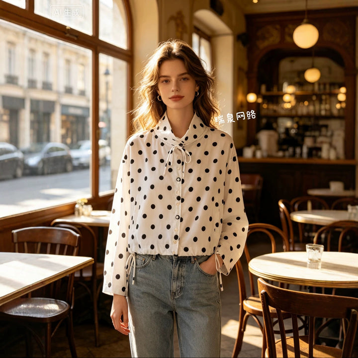 Women's Light Blouse with Polka Dot, Feminine Puff Sleeve and Full Button Placket Mune Fashion