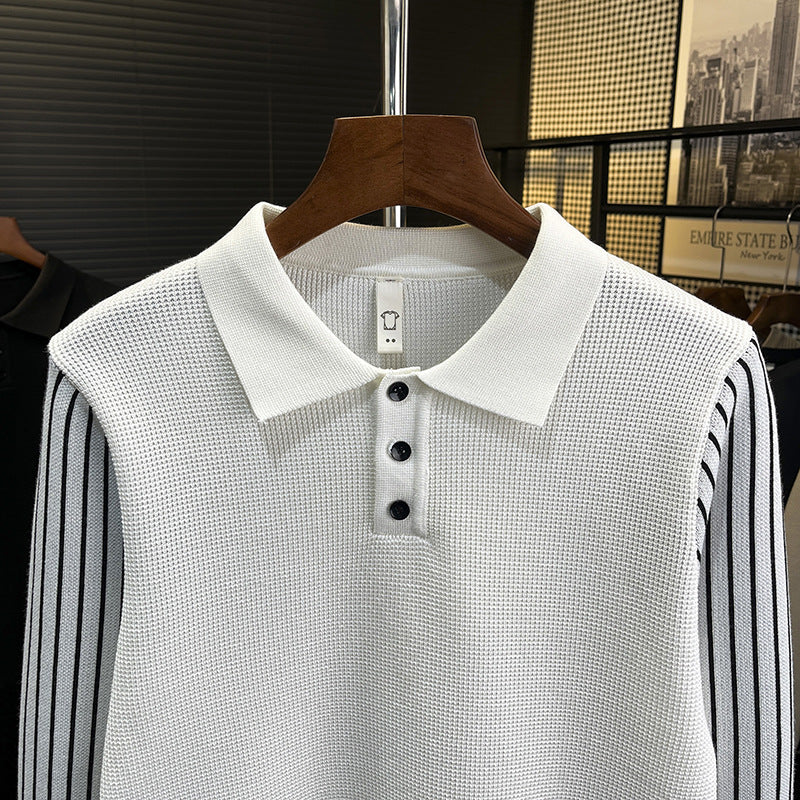 Men's knit polo shirt with contrasting striped sleeves and fine texture Mune Fashion