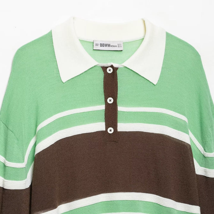 Women's Cropped Polo Shirt - Knitted Sweater with Rugby Stripes, Shirt Collar and Ribbed Hem Mune Fashion