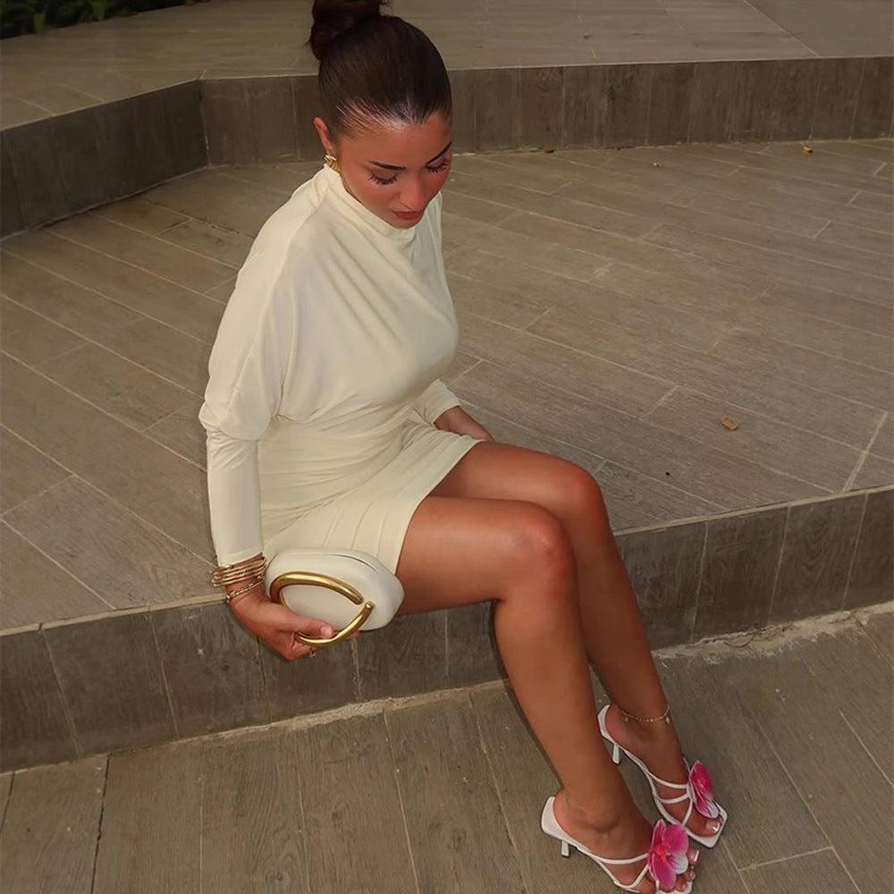Women Tailored Mini Dress with High Stand Collar & Side Draping Mune Fashion