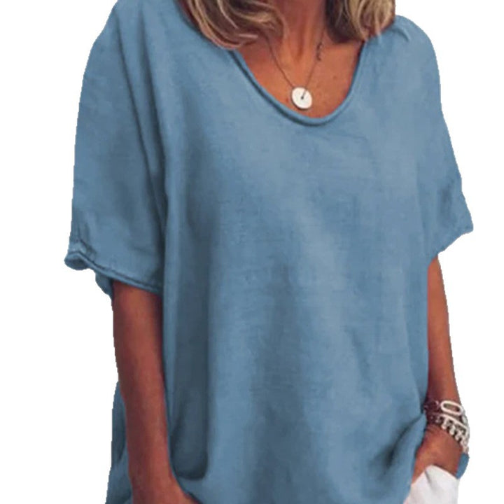 Women's loose linen blend tunic with dropped shoulder and rounded hem Mune Fashion