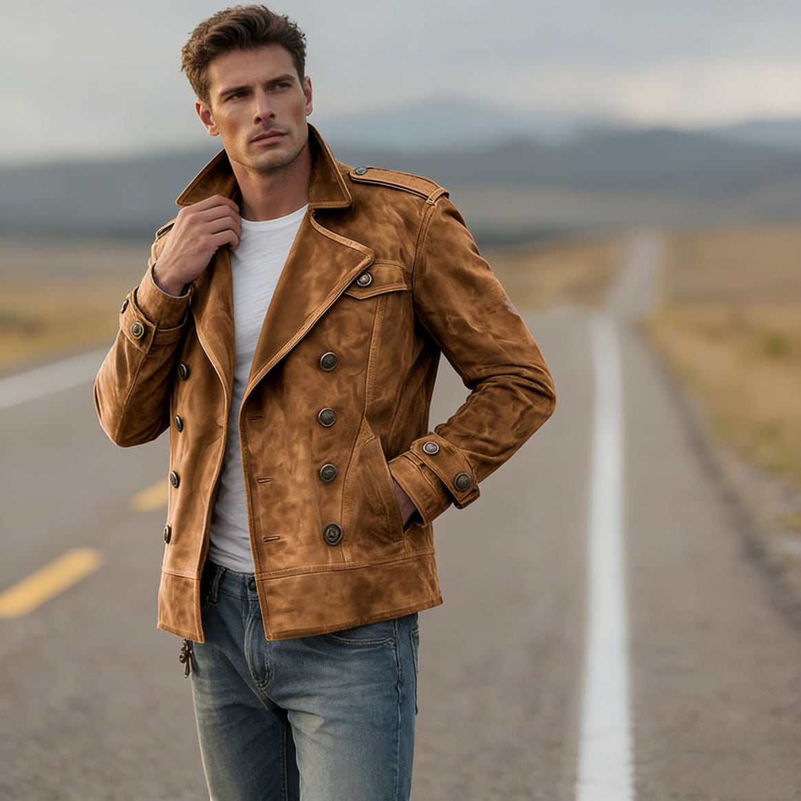 Men's Double-Breasted Leather Jacket in Vintage Look with Shawl Collar and Epaulettes Mune Fashion