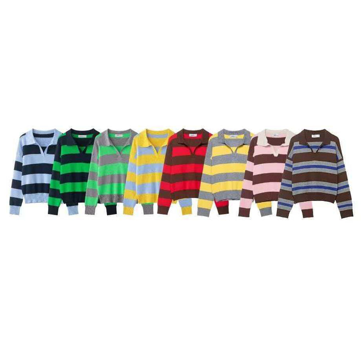 Women's striped rugby pullover with polo collar, V-neck and extended ribbed cuffs Mune Fashion