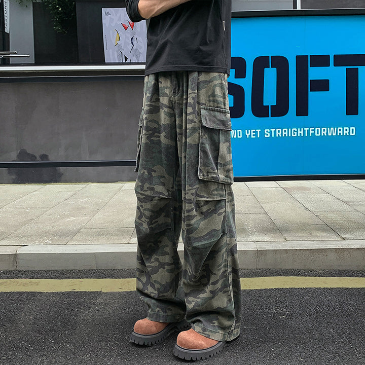 Men's Loose Camouflage Cargo Pants with Drop Crotch, Multi-Pockets and Elastic Waistband Mune Fashion