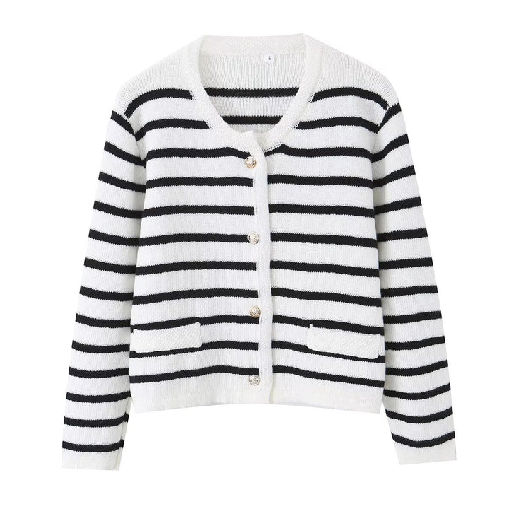 Women Striped Cardigan with Round Neck, Decorative Button Placket and Patch Pockets Mune Fashion