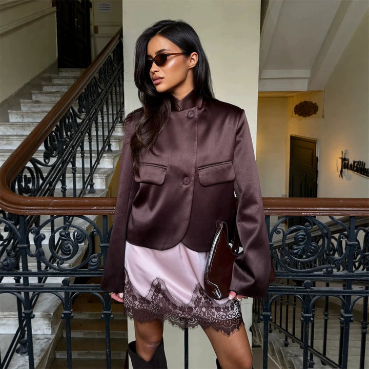 Ladies Satin Cropped Blazer with Mandarin Collar, Flap Pockets and Curved Hem Mune Fashion