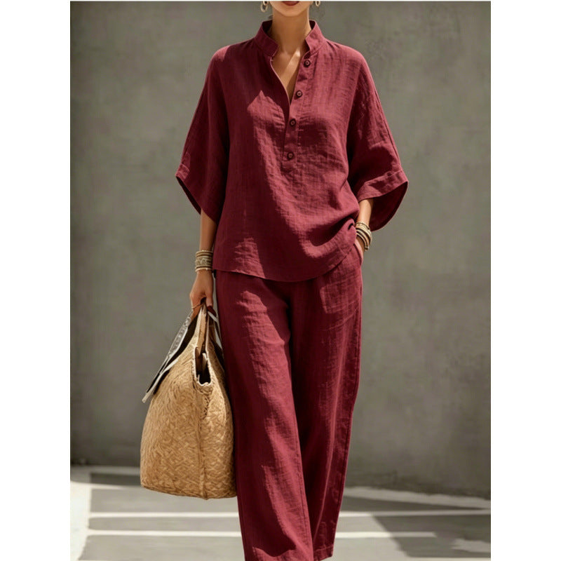 Women's loose linen two-piece with stand-up collar and wide leg Mune Fashion