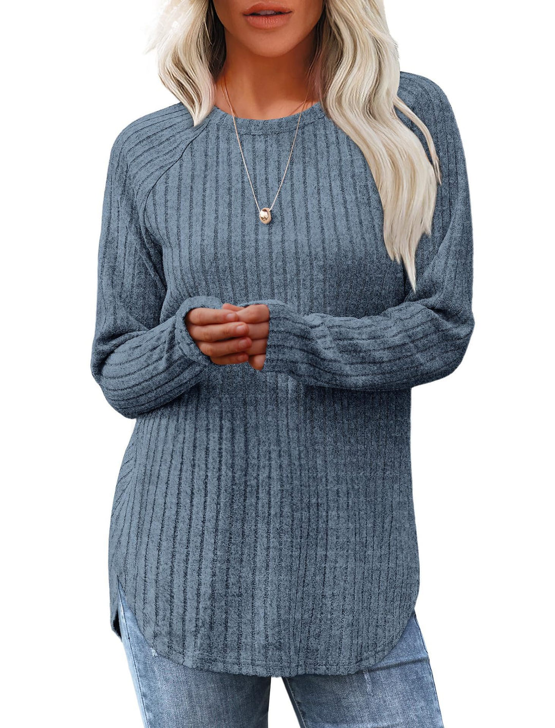 Women's ribbed knit pullover with round neckline oversized fit and side slits Mune Fashion