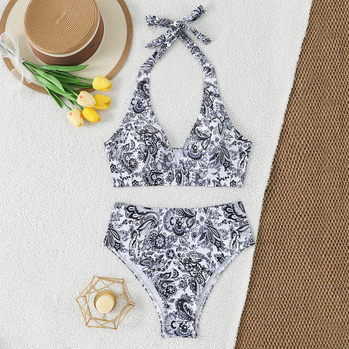 Women's High-Waisted Bikini Set with Floral Design and Playful Halter Top Mune Fashion