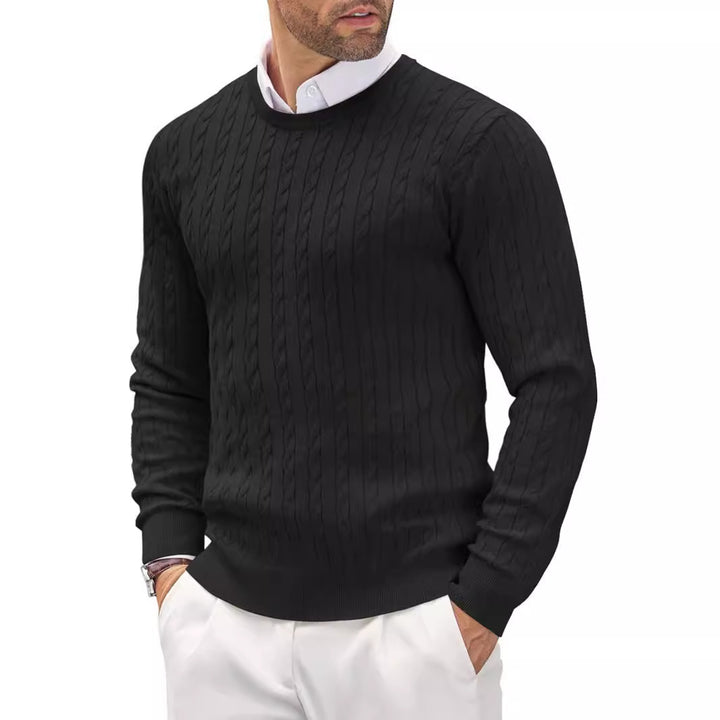 Men's fine knit crew neck pullover with fine cable pattern texture, narrow silhouette and elastic cuffs Mune Fashion