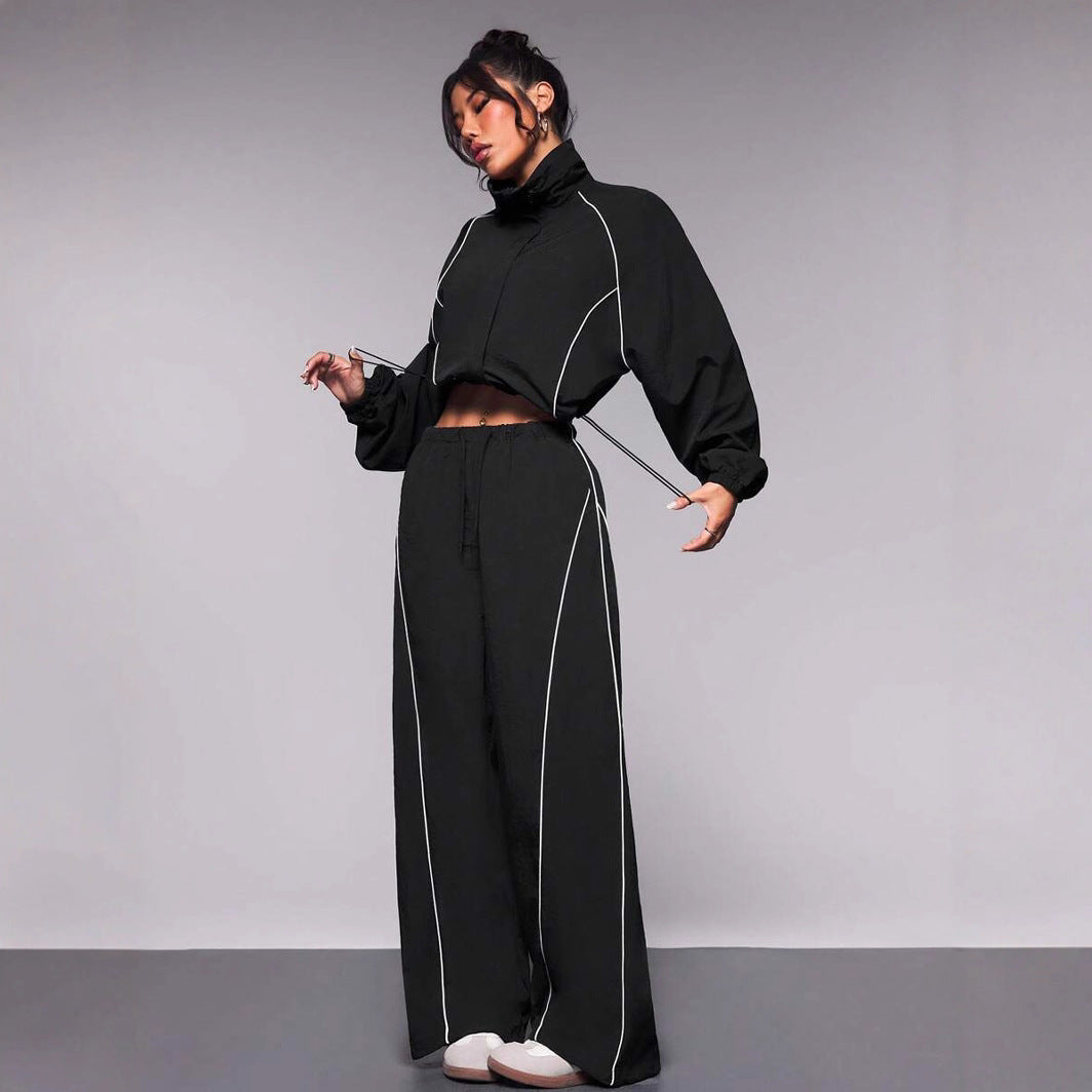 Women's Sportive Cropped Windbreaker Set with Stand-up Collar, Drawstring and Reflective Piping Mune Fashion