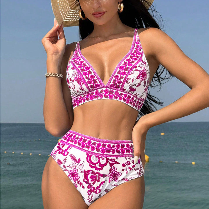 Women High-Waisted Bikini with Floral Pattern Mune Fashion