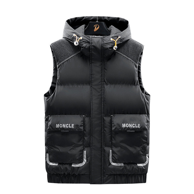 Men's Padded Hooded Quilted Vest with Front Flap Pockets and Elastic Hem Mune Fashion