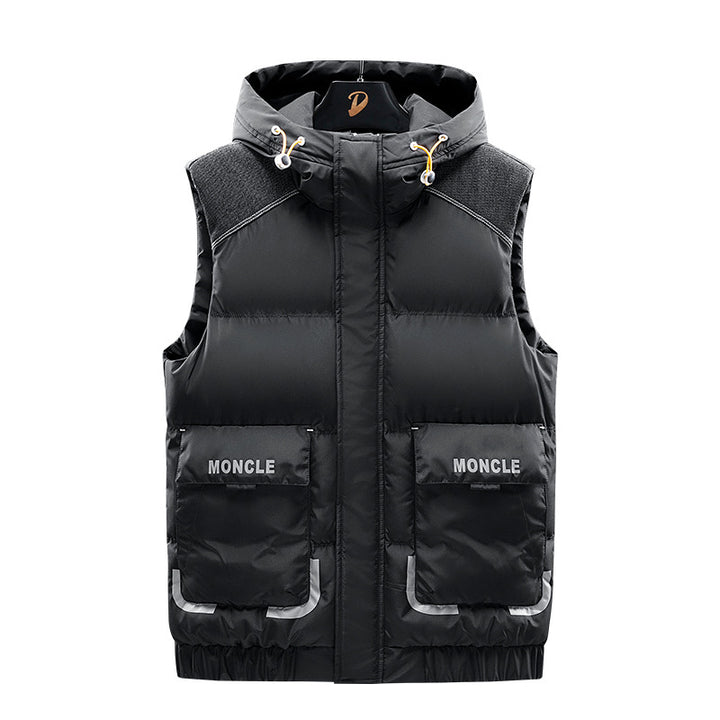 Men's Padded Hooded Quilted Vest with Front Flap Pockets and Elastic Hem Mune Fashion