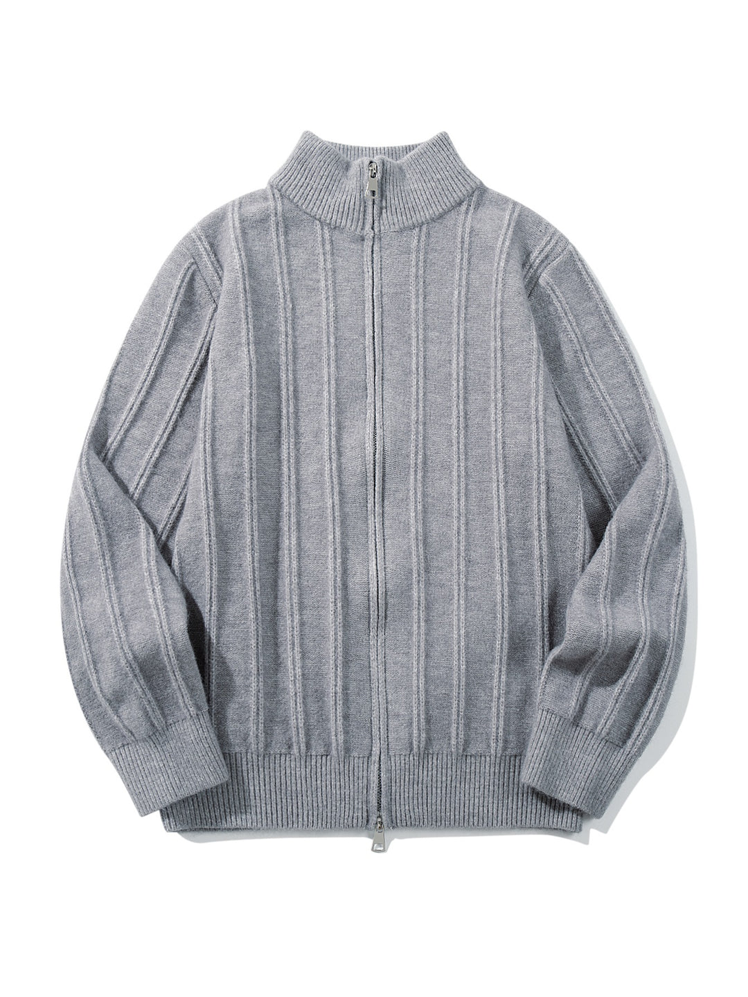 Unisex Gathered Knit Zip Jacket with High Stand-up Collar and Vertical Structure Mune Fashion