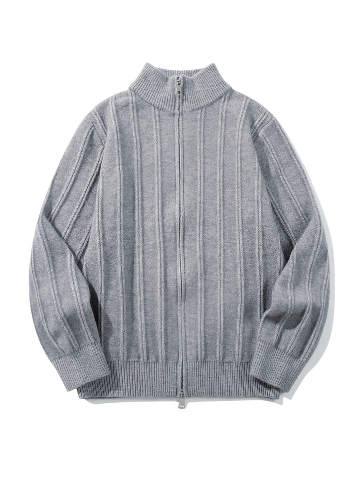 Unisex Gathered Knit Zip Jacket with High Stand-up Collar and Vertical Structure Mune Fashion