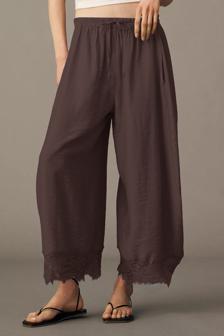 Women Wide Palazzo Pants with Elastic Drawstring Waistband and Lace Trim Mune Fashion