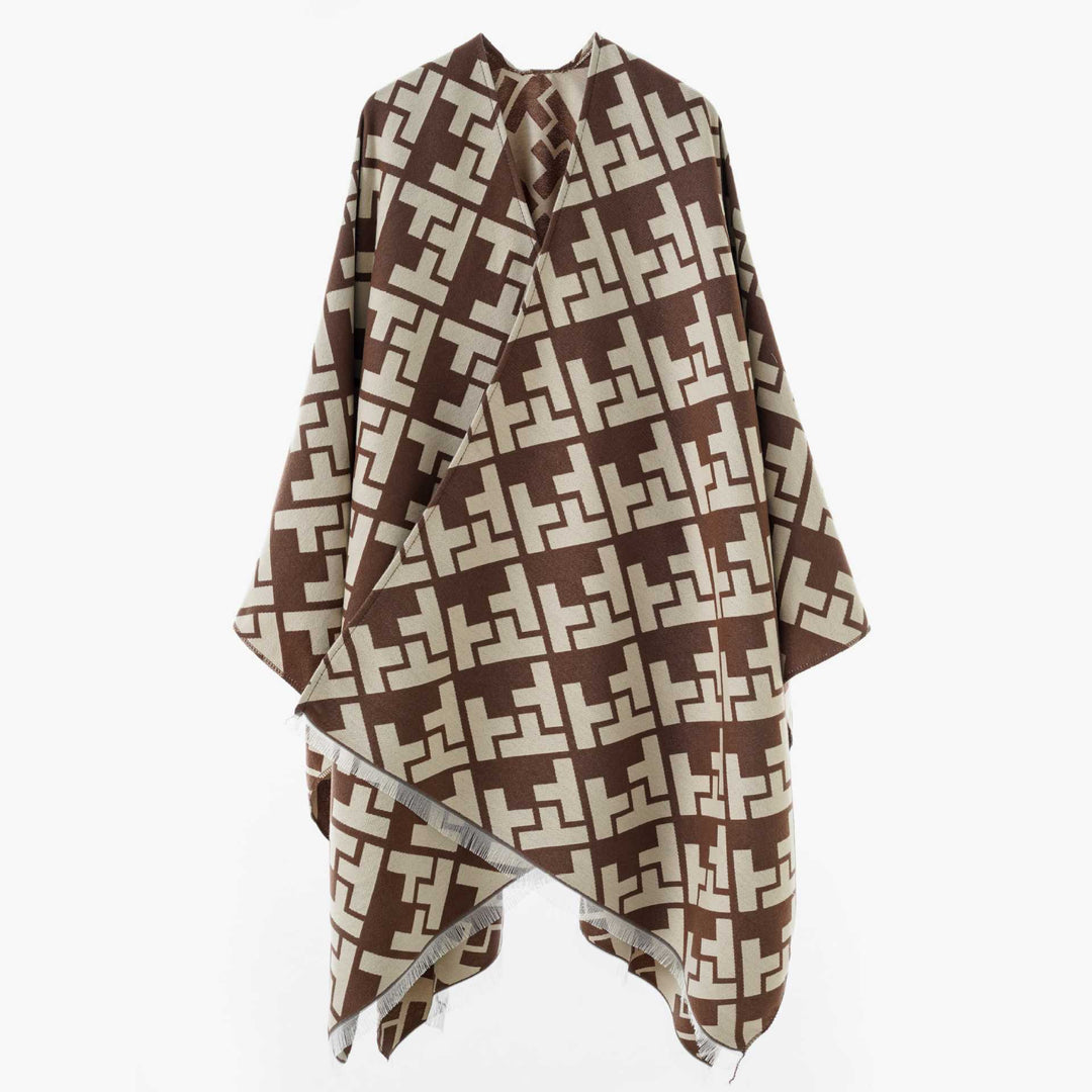 Women's Oversize Cape with Geometric Jacquard and Fringe Hem Mune Fashion