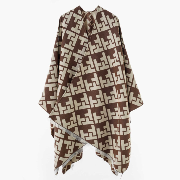 Women's Oversize Jacquard Cape Poncho made of wool blend with geometric pattern and fringes Mune Fashion