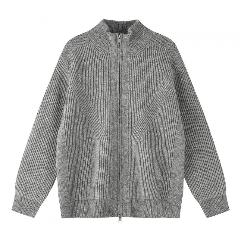 Unisex Chunky Knit Zip-Up Knit Cardigan with Stand-Up Collar and Ribbed Structure Mune Fashion