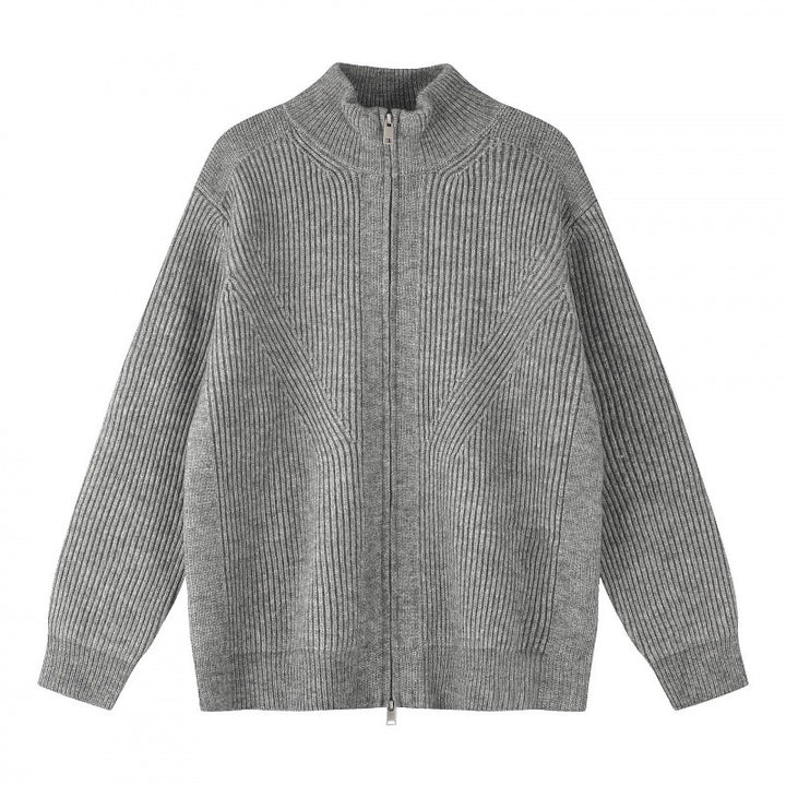 Unisex Chunky Knit Zip-Up Knit Cardigan with Stand-Up Collar and Ribbed Structure Mune Fashion