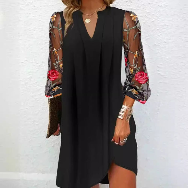 Women's airy A-line dress with V-neck and embroidered transparent mesh sleeves Mune Fashion