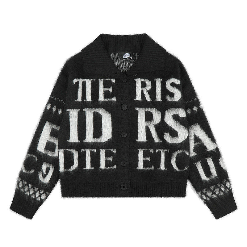 Women’s oversized mohair cardigan with button placket, large lapel collar, and typographic all-over print Mune Fashion