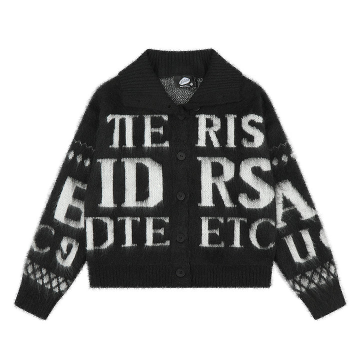 Women’s oversized mohair cardigan with button placket, large lapel collar, and typographic all-over print Mune Fashion