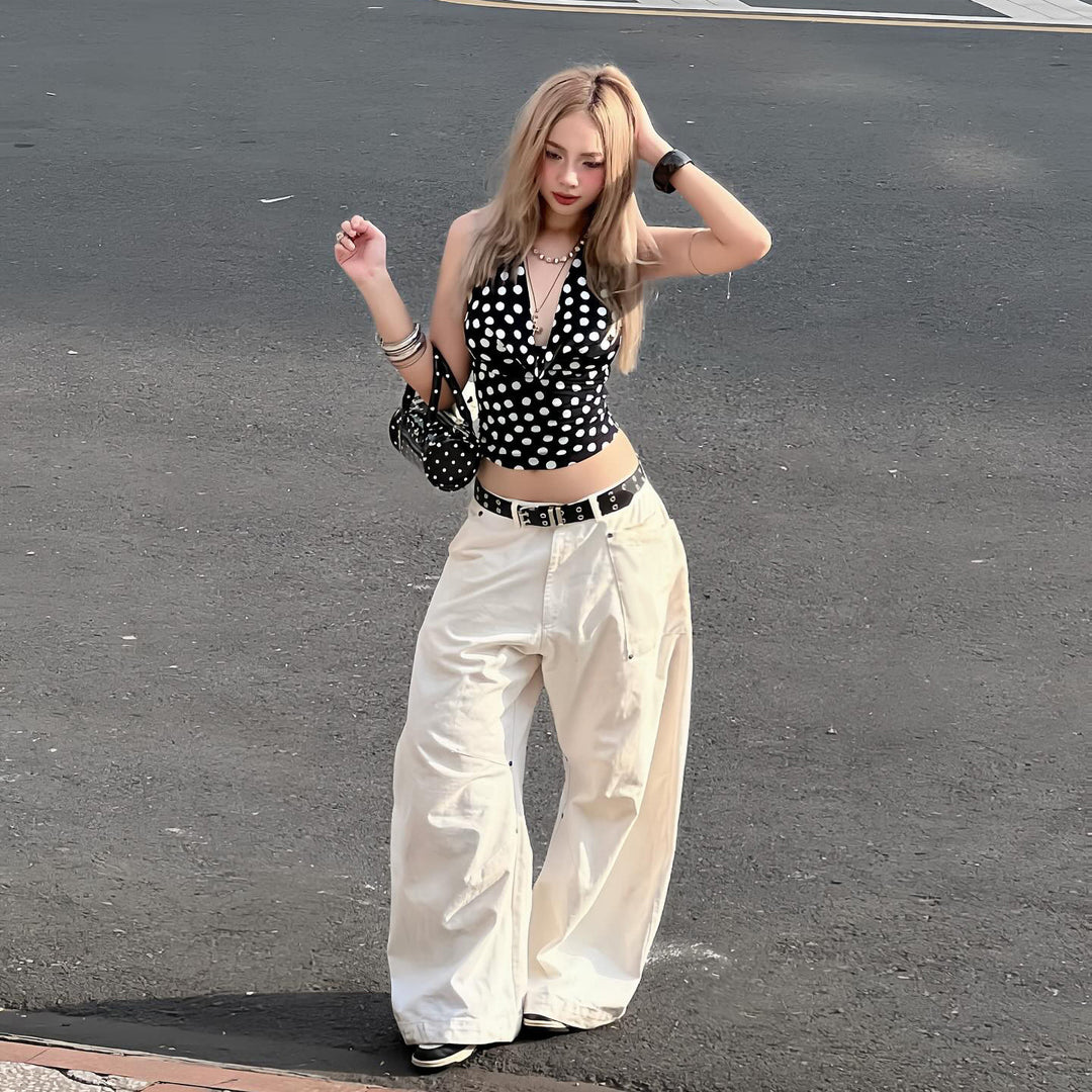 Women's wide Highwaist canvas pants in carpenter style with high waistband and patch pockets Mune Fashion