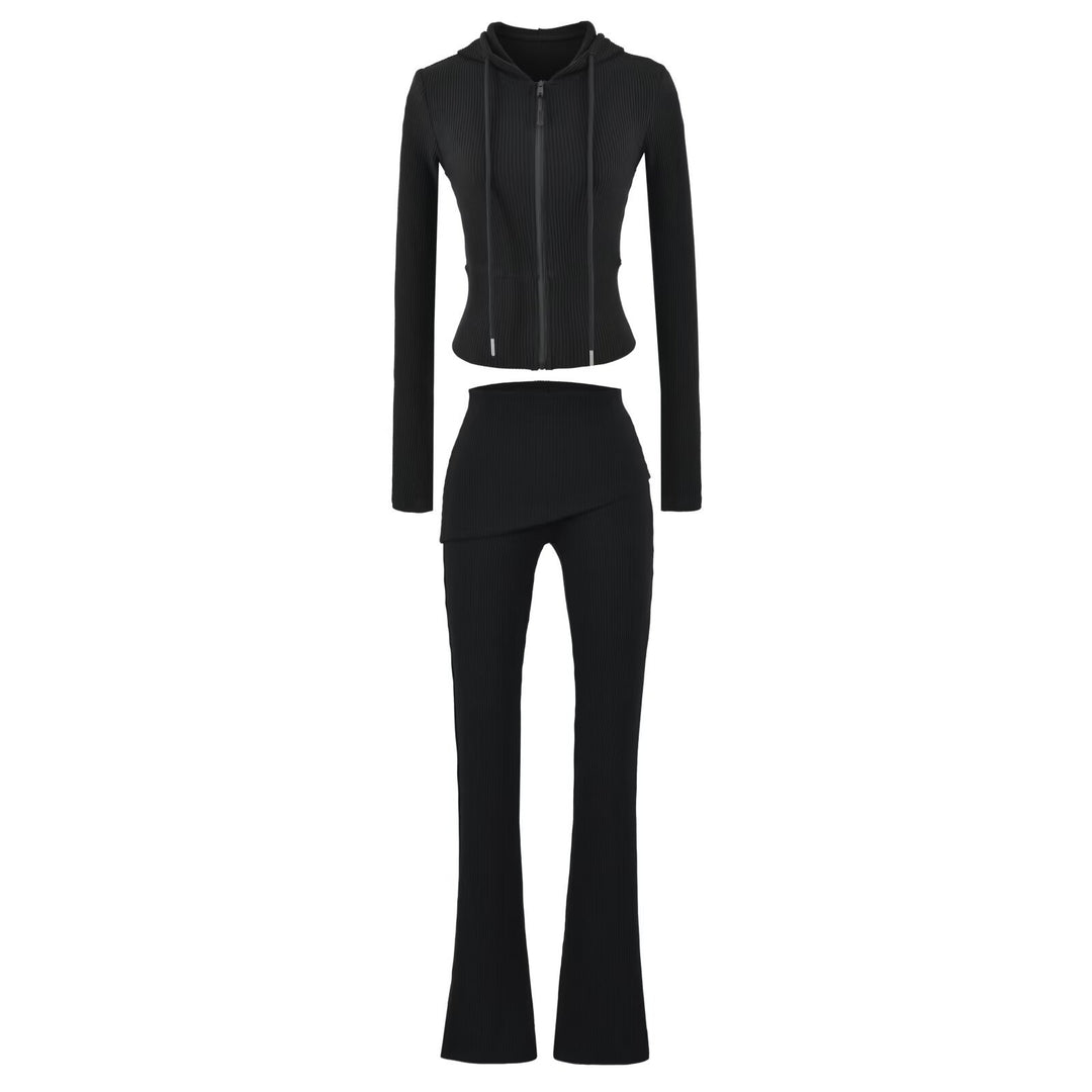 Women's Ribbed Lounge Set with Hooded Jacket and Wrap Waist Pants Mune Fashion