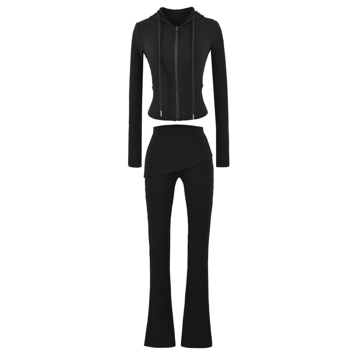 Women's Ribbed Lounge Set with Hooded Jacket and Wrap Waist Pants Mune Fashion