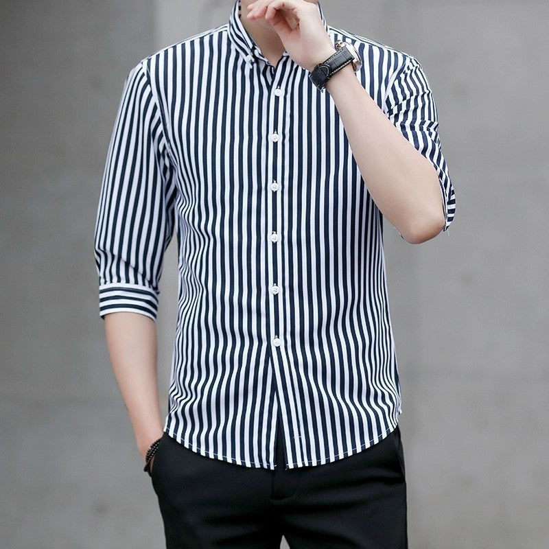 Men's Striped Button-Down Shirt with Kent Collar and Three-Quarter Sleeves in Tailored Casual Cut Mune Fashion