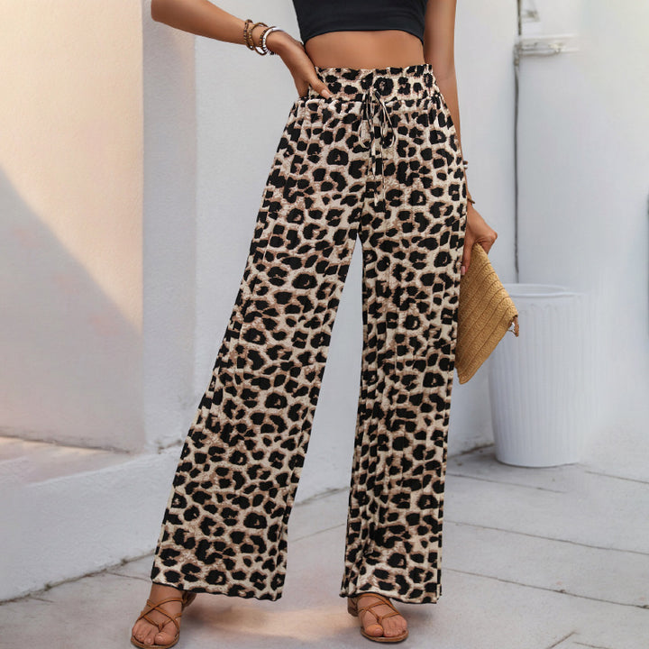 Women's Lightweight Palazzo Pants with Elastic Waist, Drawstring and Animal Print Mune Fashion