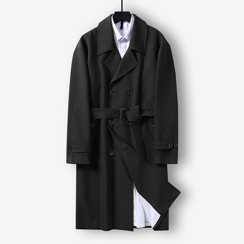 Men's Modern Knee-Length Double-Breasted Trench Coat with Waist Belt Mune Fashion