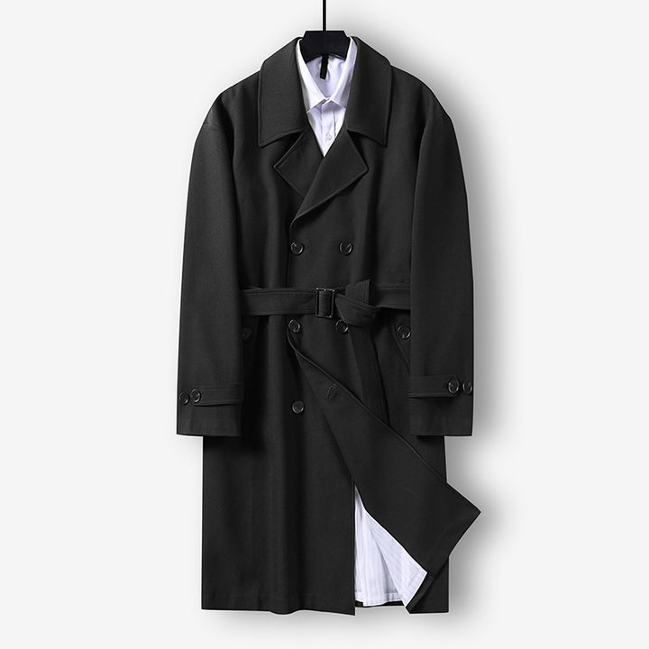 Men's Modern Knee-Length Double-Breasted Trench Coat with Waist Belt Mune Fashion