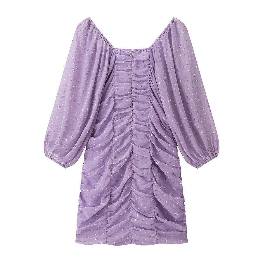 Ladies gathered viscose mini dress with Carmen collar and voluminous balloon sleeves Mune Fashion