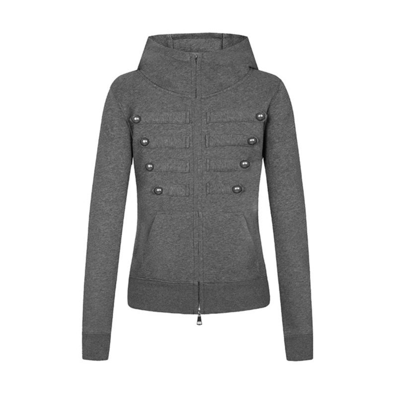 Ladies hooded sweatshirt jacket in military style with stand-up collar, decorative straps, and continuous zipper Mune Fashion