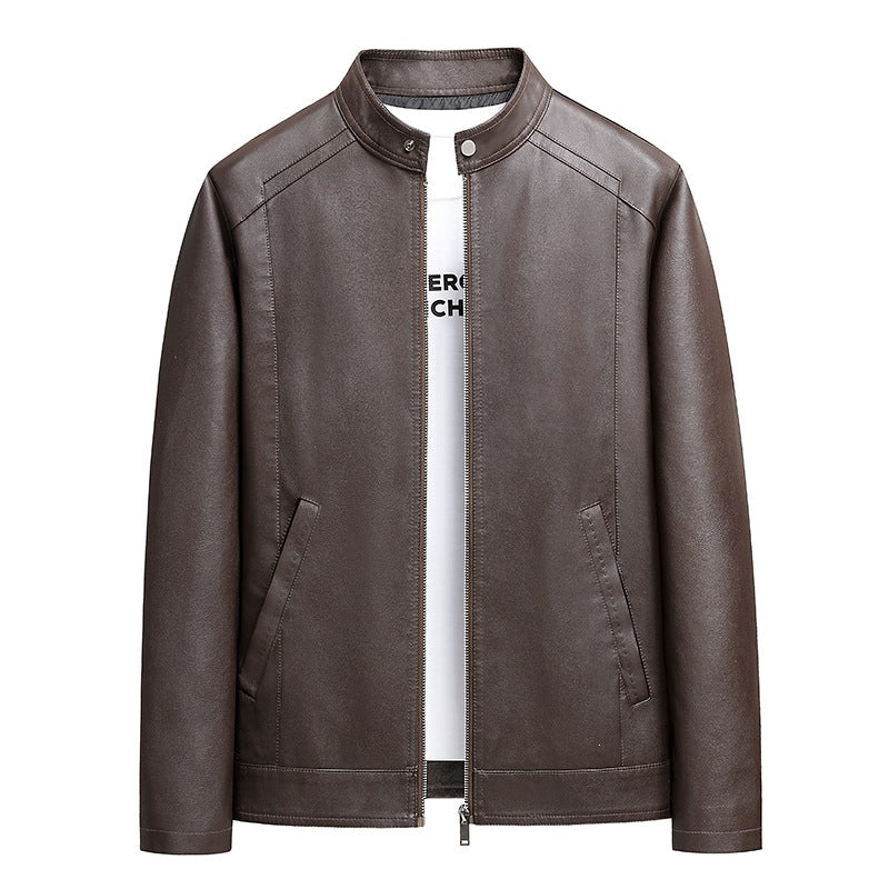 Men's Simple Faux Leather City Jacket with Stand Collar, Two-Way Zipper & Side Pockets Mune Fashion