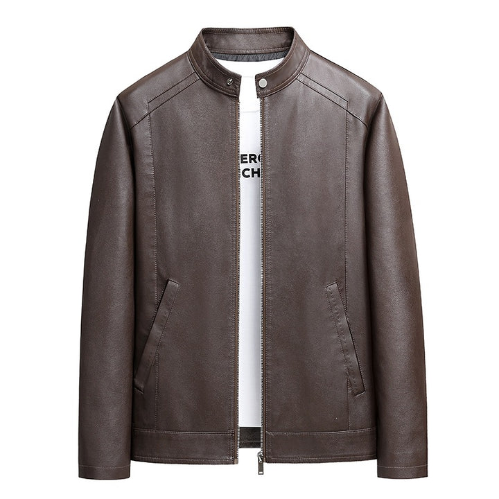 Men's Simple Faux Leather City Jacket with Stand Collar, Two-Way Zipper & Side Pockets Mune Fashion
