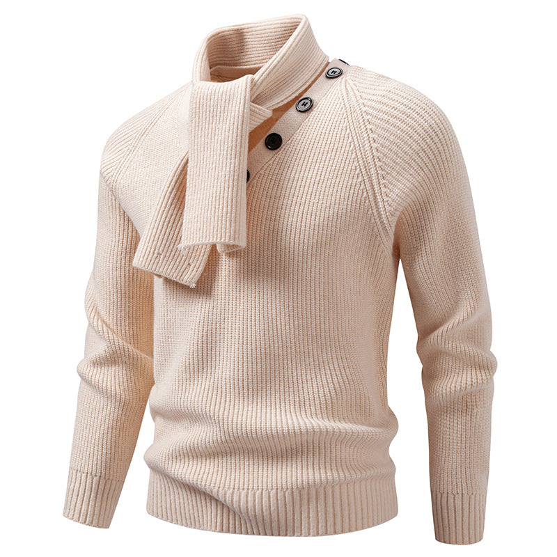 Men's knitted sweater with integrated funnel collar scarf and button detail Mune Fashion