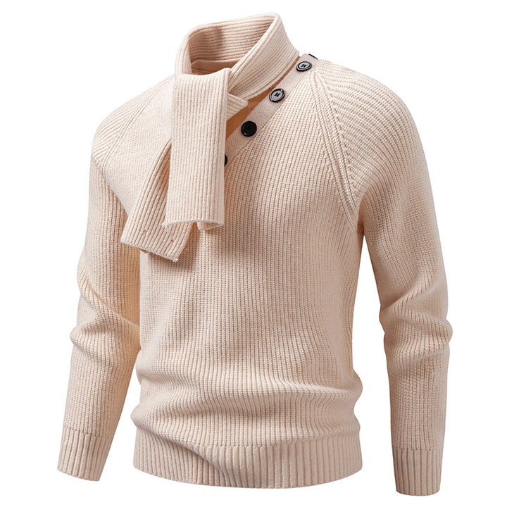 Men's knitted sweater with integrated funnel collar scarf and button detail Mune Fashion