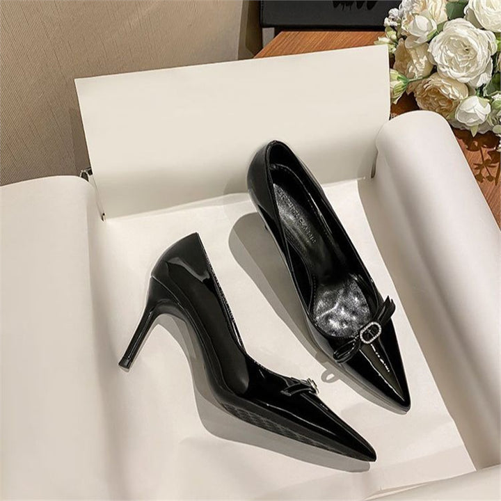 Women's pointed toe patent pumps with high stiletto heel and crystal bow appliqué Mune Fashion