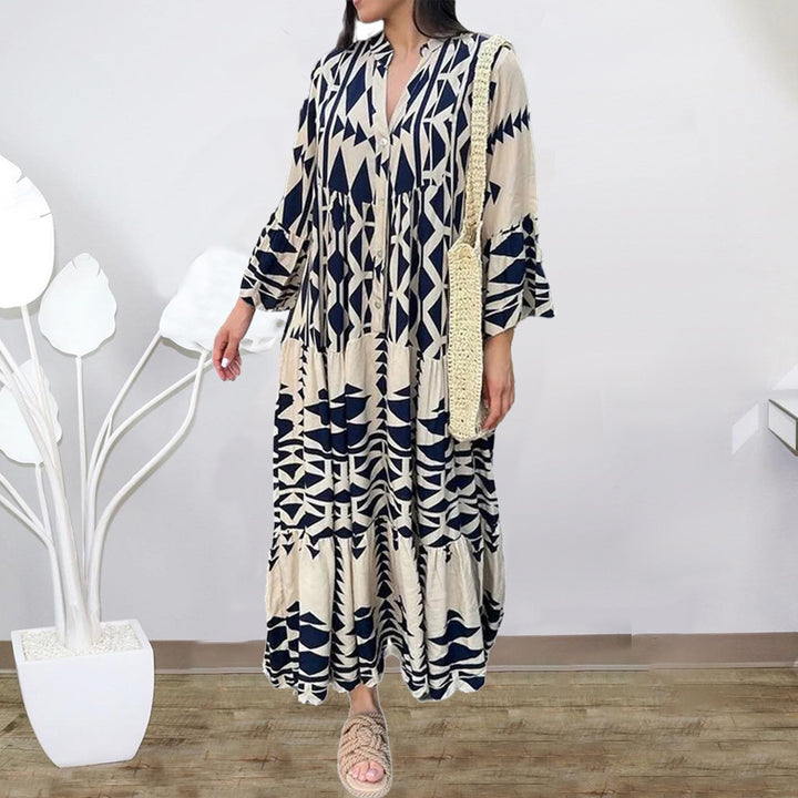 Women's Loose Maxi Dress in Boho Style with Graphic Print, V-Neck and Button Placket Mune Fashion