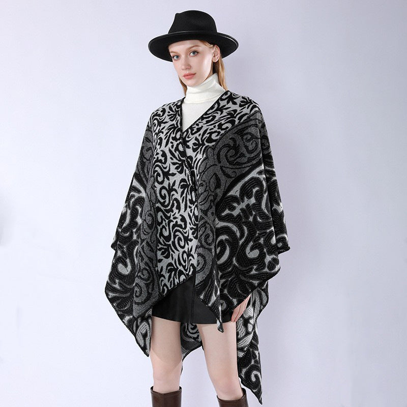 Women's Oversized Kimono Poncho in Jacquard Knit with Ornamental Pattern and V-Neck