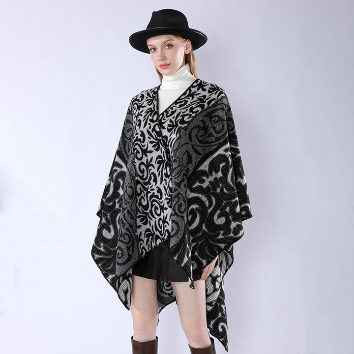 Women's Oversized Kimono Poncho in Jacquard Knit with Ornamental Pattern and V-Neck