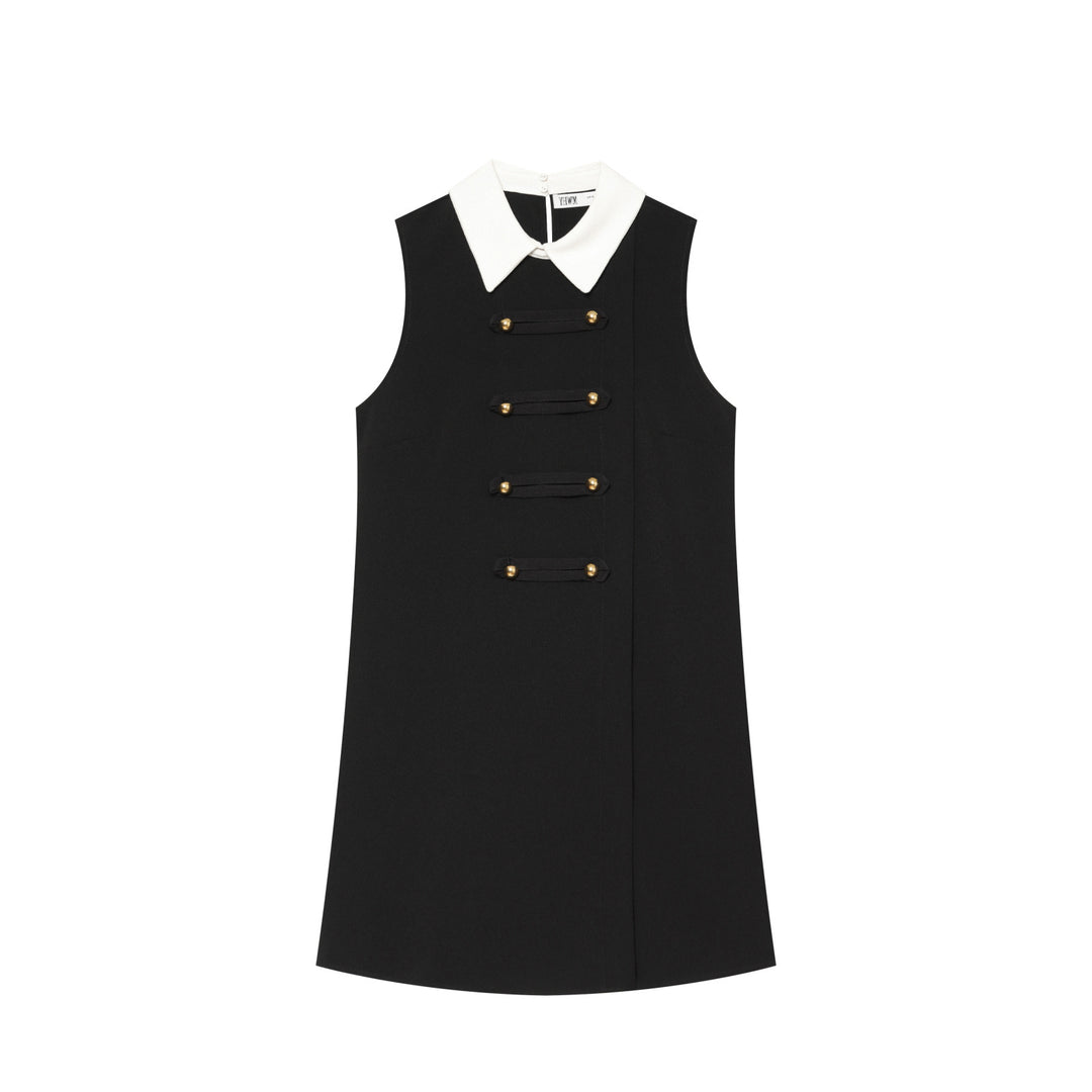 Women's Sleeveless A-Line Mini Dress with Contrasting Shirt Collar and Decorative Button Plackets Mune Fashion