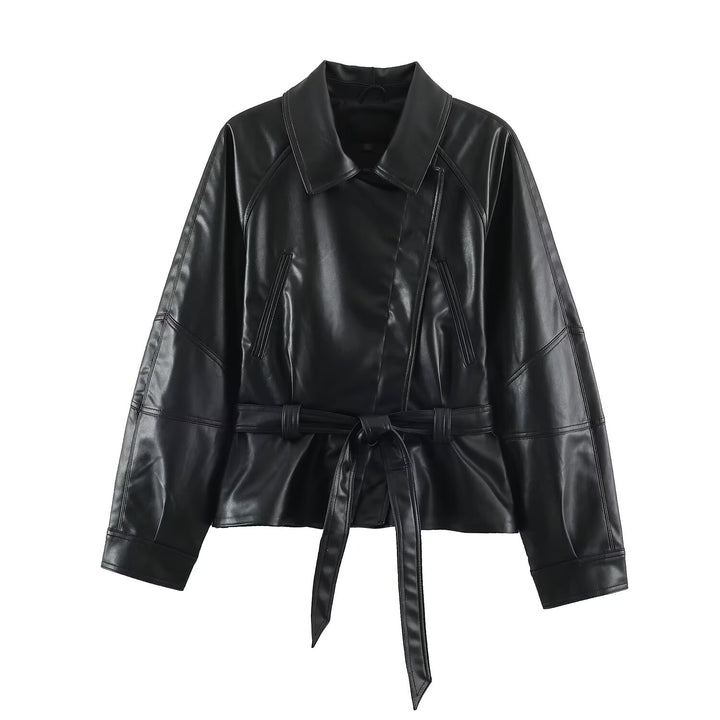 Women’s short jacket made of faux leather with a waist belt and oversized sleeves Mune Fashion