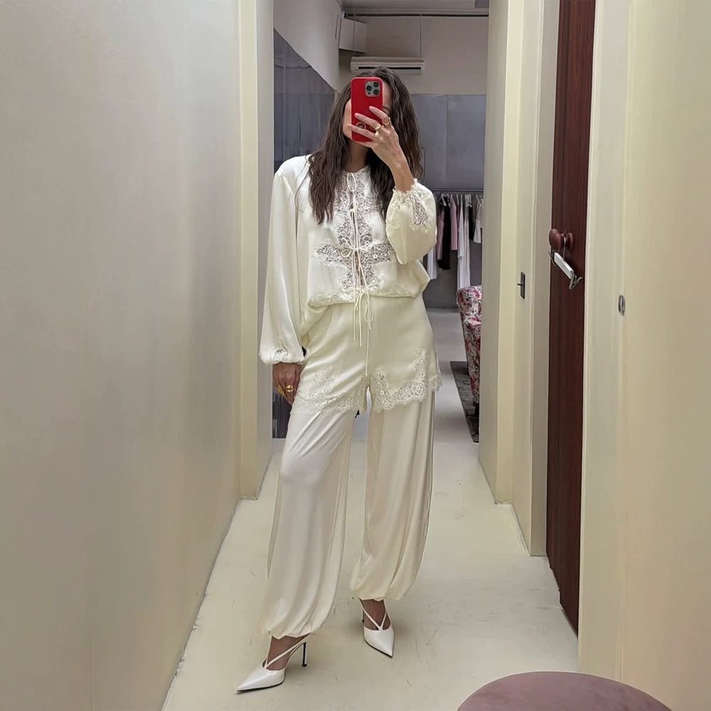 Women's Satin Loungewear Set with Lace Trim, Drawstring Top and Ballooned Palazzo Pants Mune Fashion